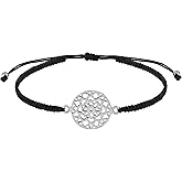 AeraVida Symbolic Flower of Life .925 Sterling Silver Charm on Black Adjustable Bracelet | Spiritual Sterling Silver and Black Cord Bracelet for Men and Women