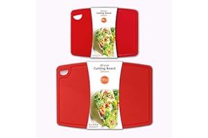 Liflicon Thick Cutting Boards for Kitchen Silicone Chopping Board Set of 2 Mid 12.6'' x 9.1”,Mini 9.1”x7.1” Non-slip Deep Drip Juice Groove Easy Grip Handle,Dishwasher Safe-Red