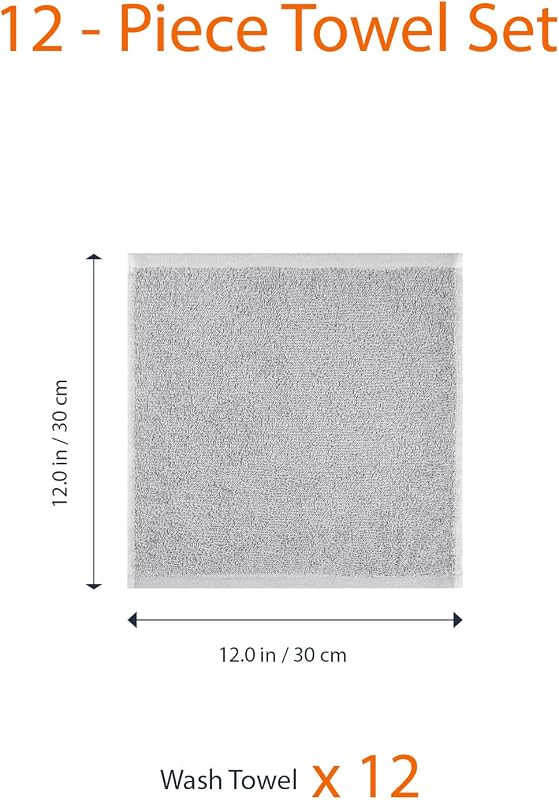 Conjunto de Toalhas de Banho Absorvente 100% Algodão Lavatório 30x30 cm, Cinzento, Embalar 12 Unidades — foto 7 de 8