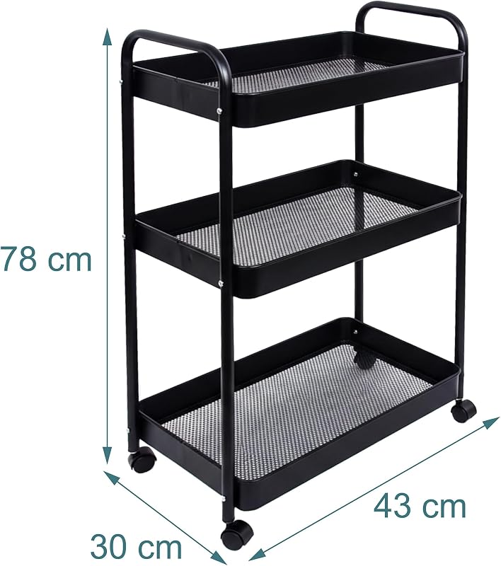 Carrinho de malha de 3 prateleiras, Serviço para Cozinha, Casa de Banho e Escritório, 78×43×30 cm Multiusos Compacto Preto metálico
