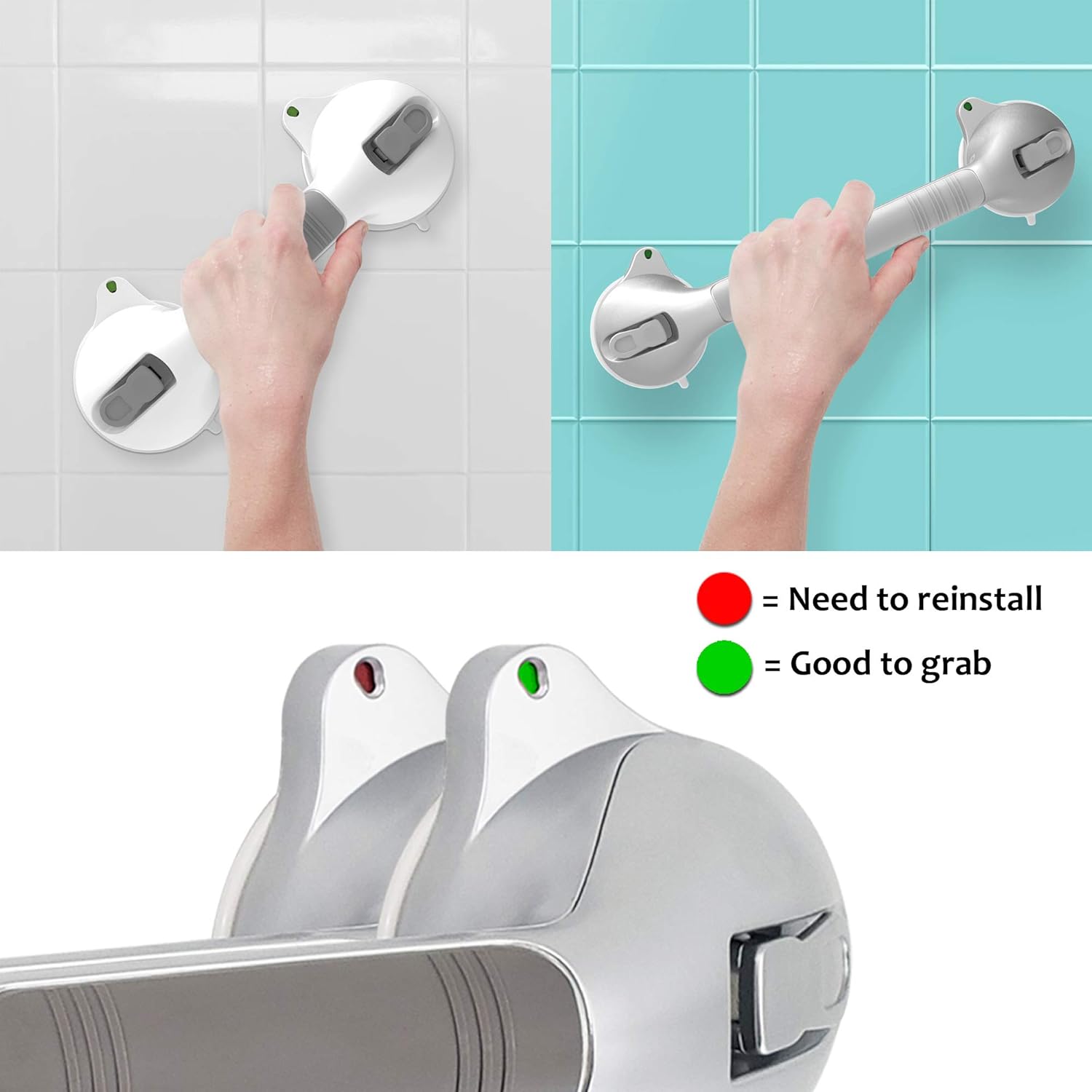 AmeriLuck Suction Bath Grab Bar 16.5" with Indicators, Bathroom Shower Handle (Silver, 2 Pack): Home & Kitchen