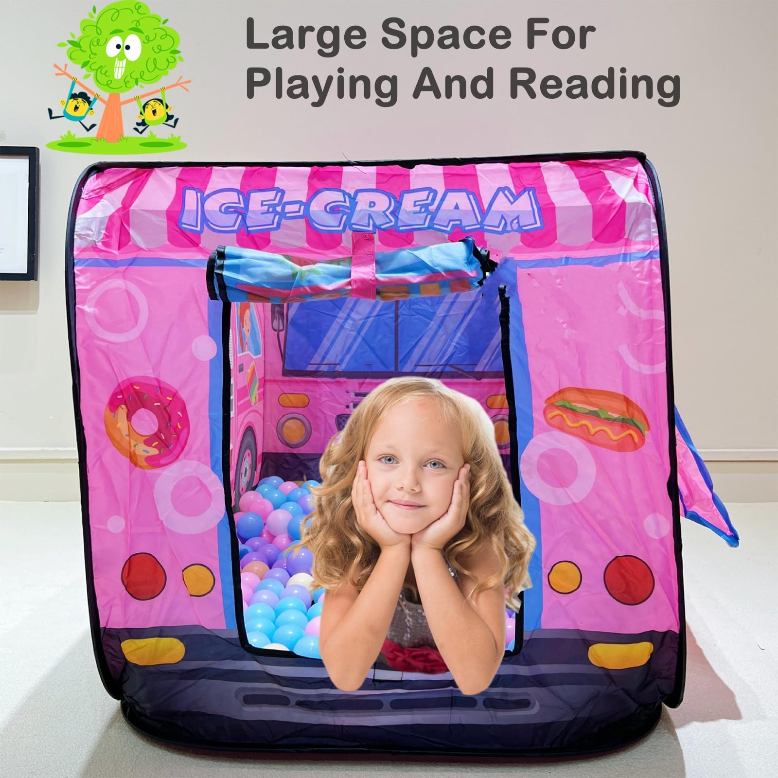 Pop Up Tent Kids:Ice Cream Truck Tent,Pop Up for Kids,Kids Play Without Installation,Suitable for 2-3 Children&for Ages 3+,Kid Play Tent Indoor for Kid Gift