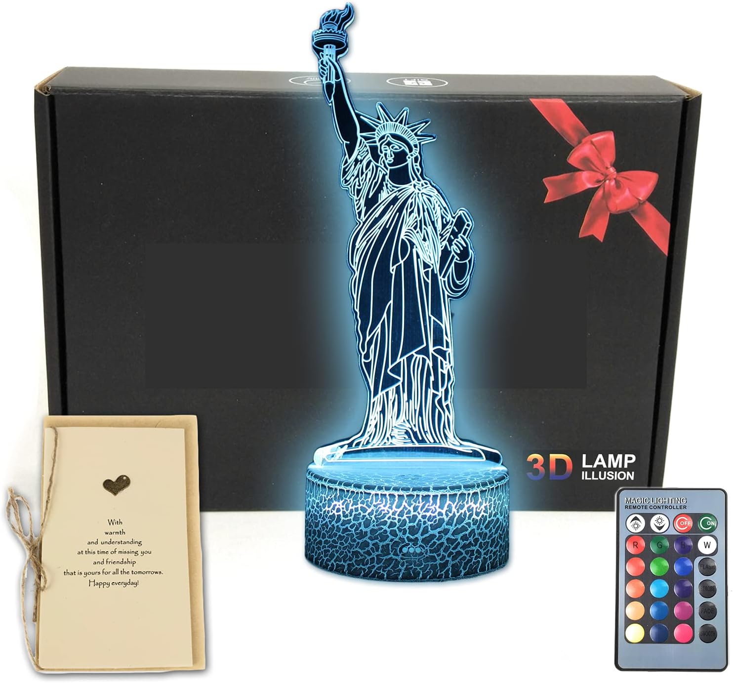 World Landmark Building 3D Illusion LED Table Lamp Night Light with Greeting Card,Luminous Base,16 Colors Change,Remote Control,Funny Gift for Men, Women, Kids, Boys, Teens (Statue of Liberty)
