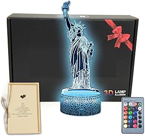 World Landmark Building 3D Illusion LED Table Lamp Night Light with Greeting Card,Luminous Base,16 Colors Change,Remote Control,Funny Gift for Men, Women, Kids, Boys, Teens (Statue of Liberty)