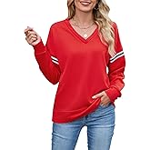 Women's Oversized Sweatshirts Casual Loose Long Sleeve Stripes V Neck Pullover Top Fall Teens Preppy Clothes