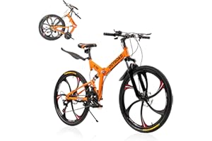 MarKnig 26 Inch Adult Folding Bikes/Mountain Bikes, 21 Speeds Drivetrain Cycling Foldable Bicycles with Full Suspension, Dual Disc Brake, High Carbon Steel Frame, MTB for Men Women, Multiple Colors