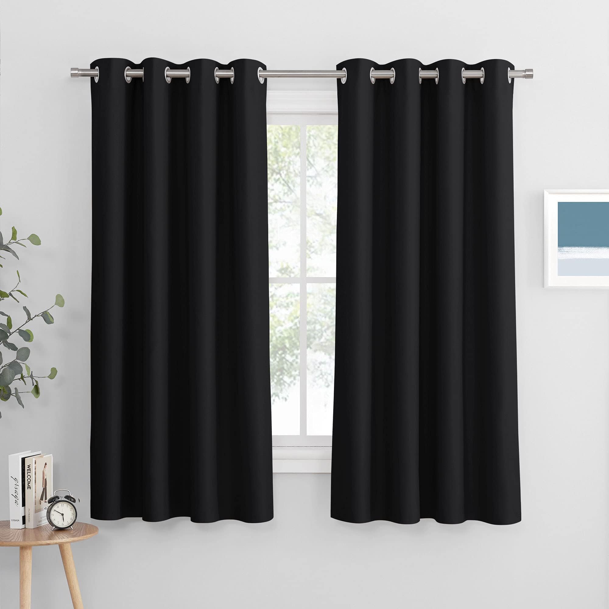 PONY DANCE Black Blackout Eyelet Curtains for Bedroom - Black Out Light Blocking & Privacy Protected Curtains for Bathroom Dining Room Study, 2 Panels, 46 x 60 Inch Drop