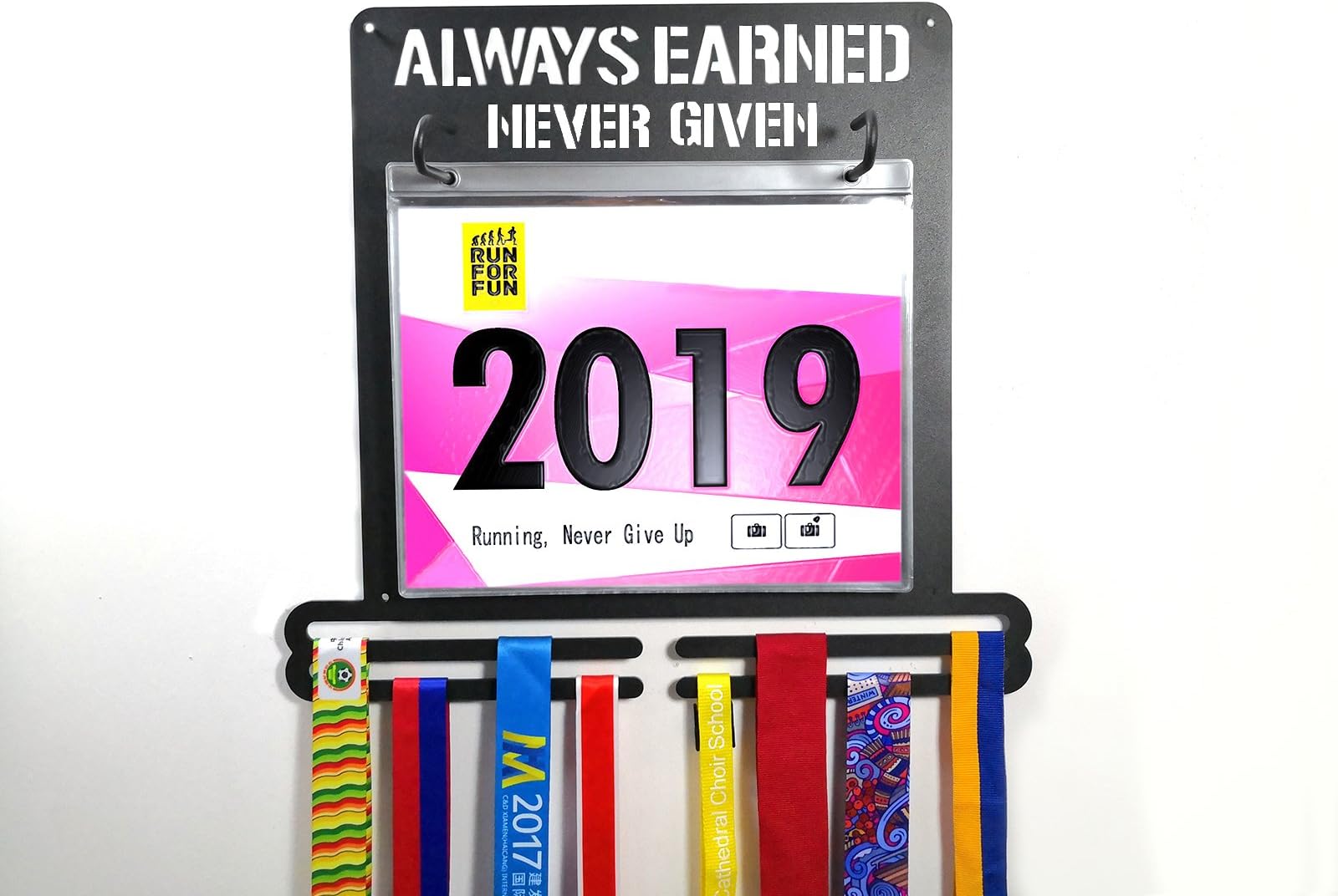 Race Bib and Sports Medal Holder Medal Hanger Display Race Photos Display Ideal gift for Runners, Gymnasts, Athletes, Sports Fans Wall Mount Metal Black Always Earned Never Given