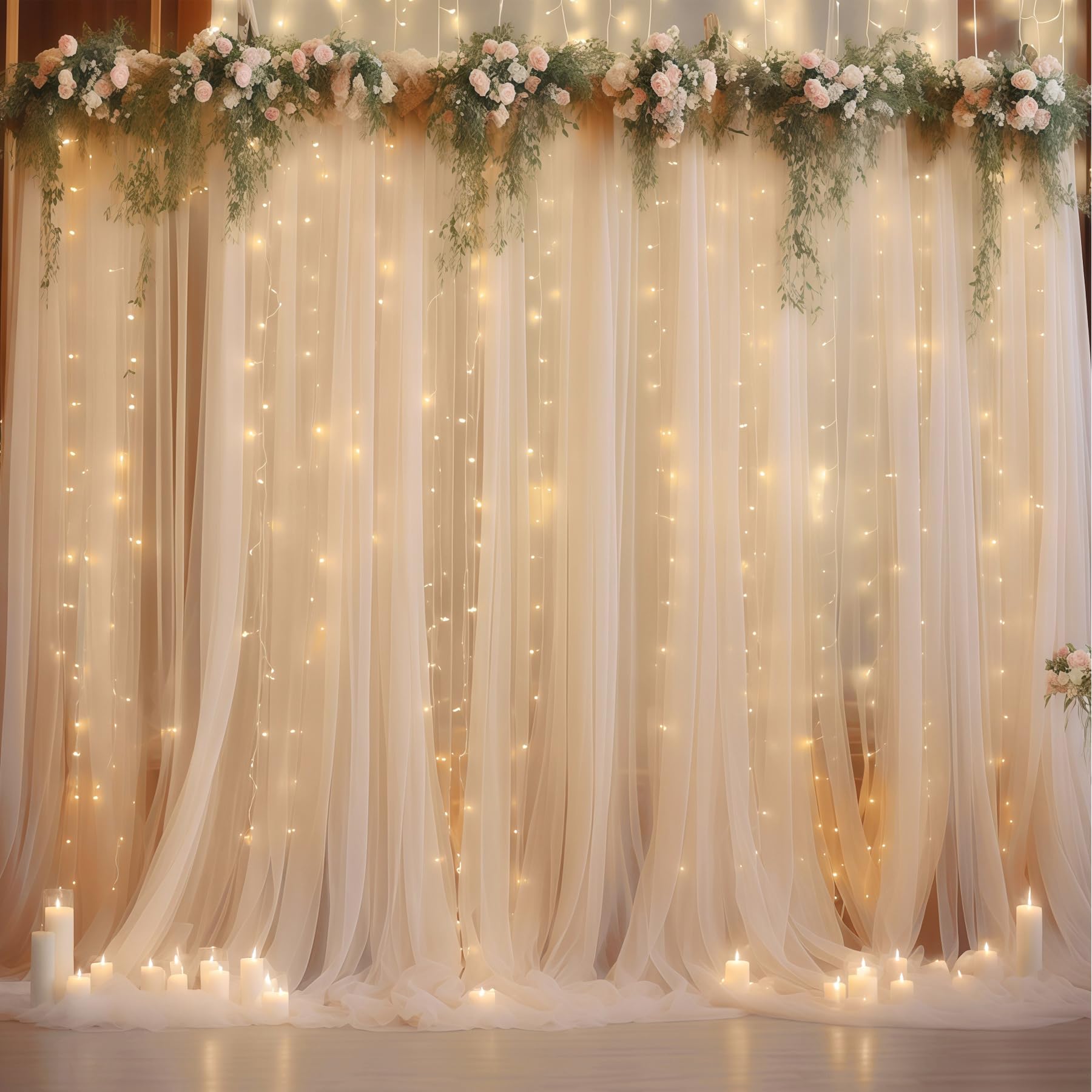 Photo 1 of 10×10ft Champagne Tulle Backdrop Curtain with Lights String for Parites, Sheer Photo Curtain Backdrop Drapes for Wedding Party Photography Backgrounds