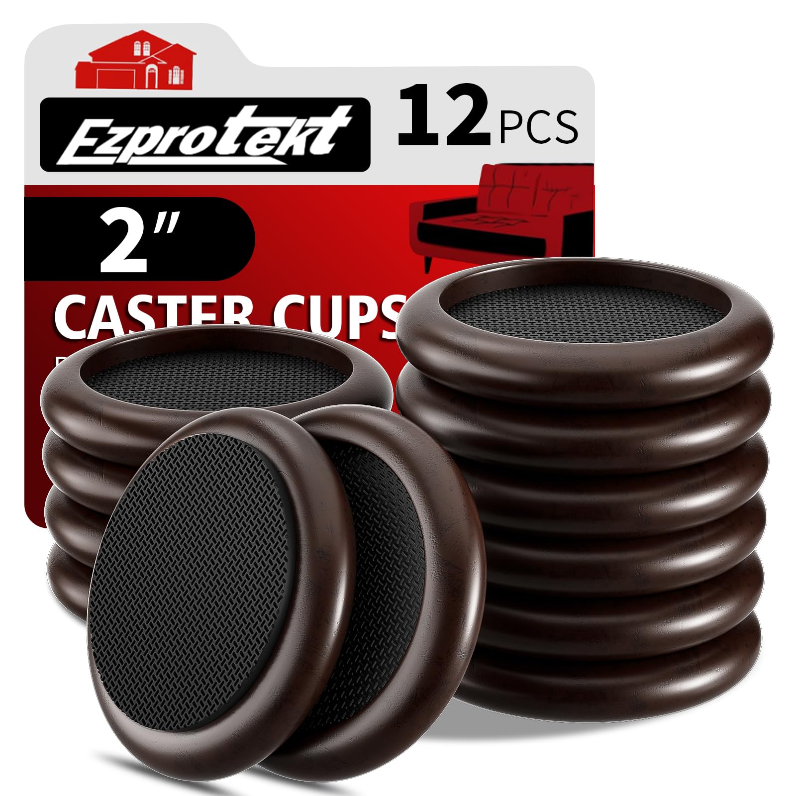 Ezprotekt Non Slip Wood Furniture Caster Cups Φ 50 mm, 12 PCS Furniture Cups, 2” Furniture Pads for Hardwood Floors, Sofas Beds Chairs Coasters with Anti-Slide Round EVA Pads, Dark Brown