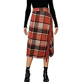Womens Fringed Plaid Midi Skirt Warm Wool Wrap Skirt Fall Winter A Line Tartan Dress (Orange-L)
