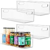 Plastic Food Storage 4 Pack Clear Container Bin with Handles for Organizing Kitchen, Pantry, Refrigerator, Freezer, Pantry, Cabinet, Closet, Bathroom. 16&rdquo;x6&rdquo;x5&rdquo;