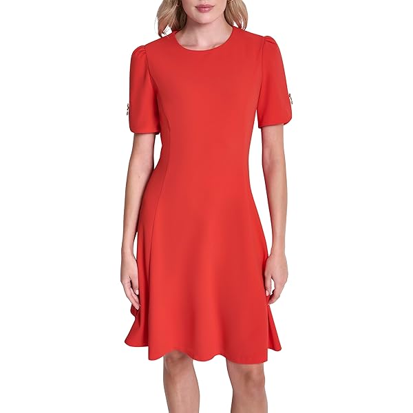 DKNY Women's Flounce Sleeve with Button Fit and Flare Dress, New Maroon, 8  at Amazon Women's Clothing store