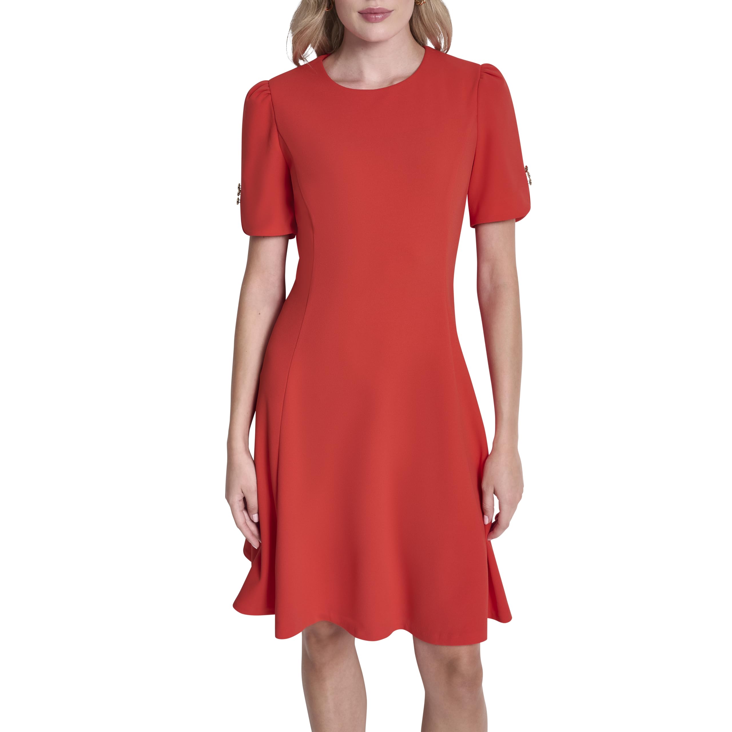 DKNY Women’s Button Short Sleeve Fit and Flare Dress, Ginger, 12