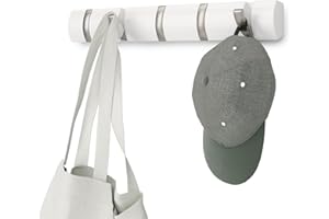 Umbra Flip Wall-Mounted Coat Rack Rail Hook for Hats, Jackets, Bags and More – Modern, Space-Saving Storage Organizer for Entryway, Mudroom, Closet, Bathroom, Bedroom, Kids Room, or Nursery, 5 Hooks,