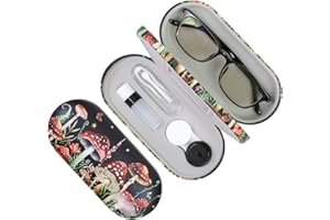 FlyingMage 2 in 1 Contact Lens Case and Eyeglasses Case for Women Men Kids, Double Sided Hard Shell Portable Glasses Travel Holder with Built-in Mirror, Contact Lens Box Storage Kit (Black Mushroom)