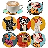Set of 6 Wood Coasters with Holder,Funny Cute Dog Drink Cup Wooden Coasters for Table Protection Absorbent Cork Base Farmhouse Housewarming Gifts,Heat-Resistant