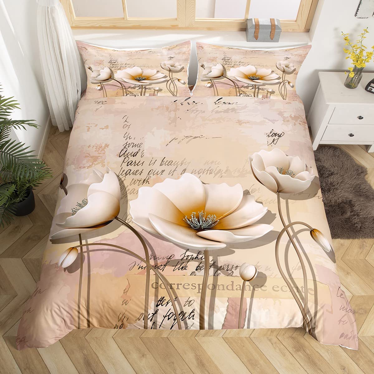 Manfei Flower Duvet Cover Set King Size, Vintage Florals Bedding Set 3pcs for Kids Boys Girls Bedroom Decor, Old Paper Textures Letters Comforter Cover Soft Polyester Quilt Cover with 2 Pillowcases — image 1