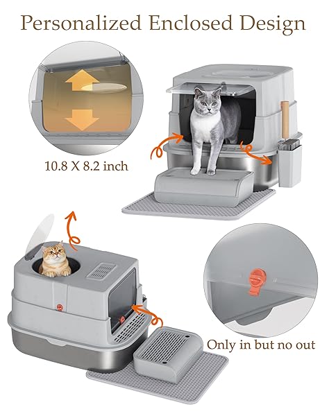 STAINLESS STEEL LITTER BOX WITH LID, EXTRA LARGE ENCLOSED CAT LITTER BOX FOR BIG CATS, ANTI-LEAKAGE METAL KITTY BOX WITH HIGH SIDED ENCLOSURE, SCOOP, PEDAL & NON-SLIP MAT, EASY TO CLEAN