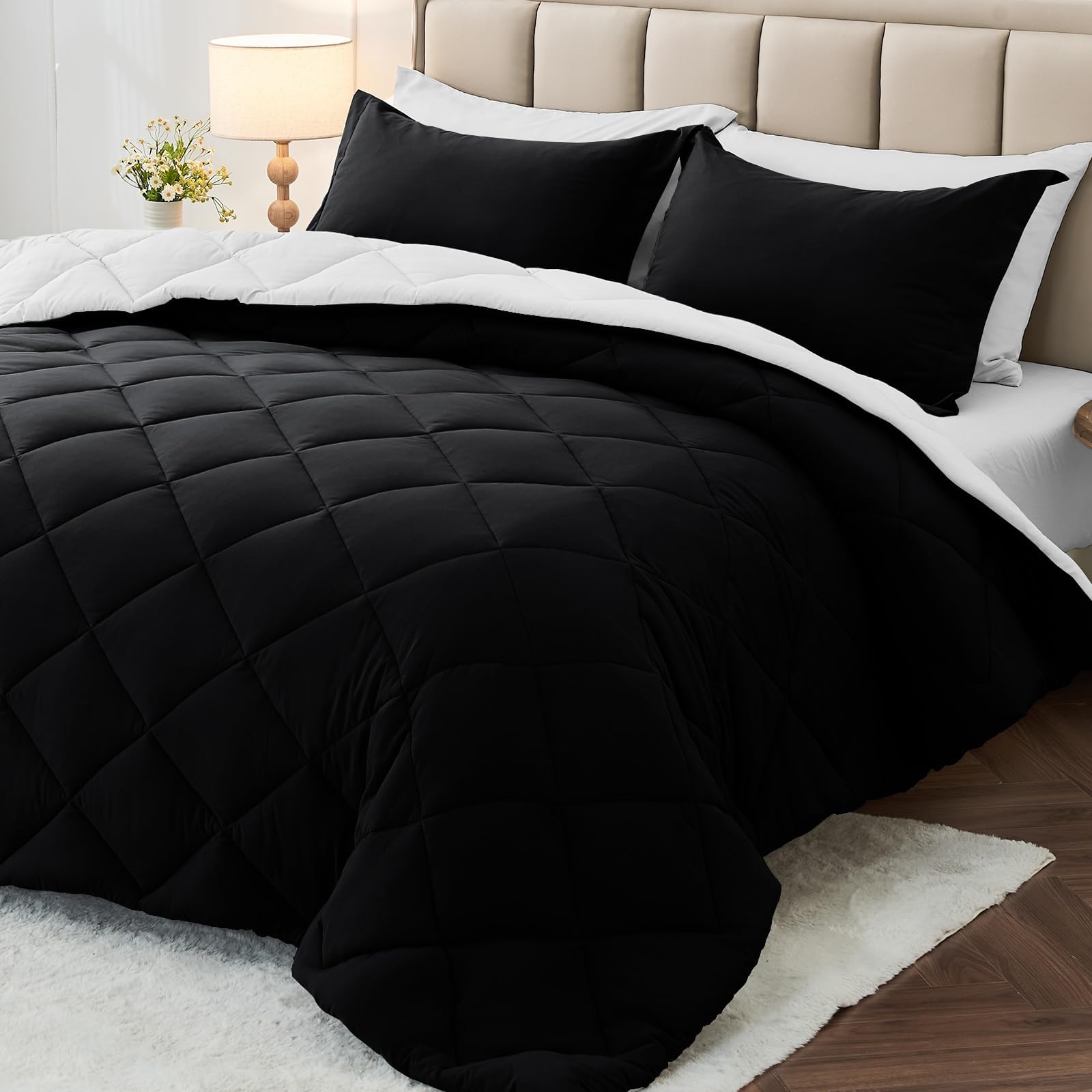 Photo 1 of MUXHOMO 7 Pieces Queen Comforter Set, Reversible Bed in a Bag Queen Size, All Season Bedding Set with Comforter, Flat Sheet, Fitted Sheet, Pillowcases & Shams, Black & White