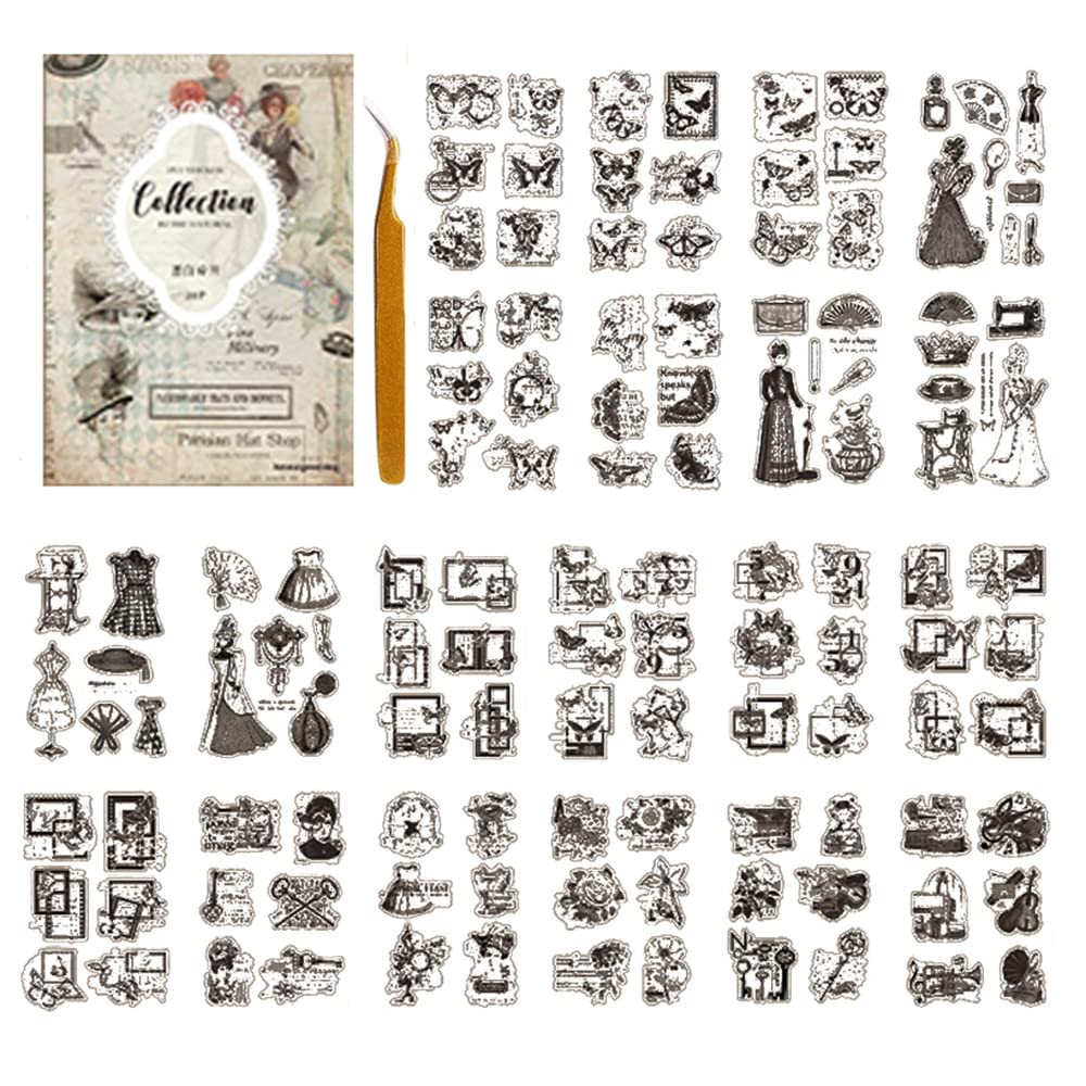 Alideco Scrapbook Stickers Sets Vintage Transparent Celestial Planet Moon Aesthetic Adults Scrapbooking Supplies Stickers for journaling tweezer 20Sheets/165Pcs (heibaisuipian)