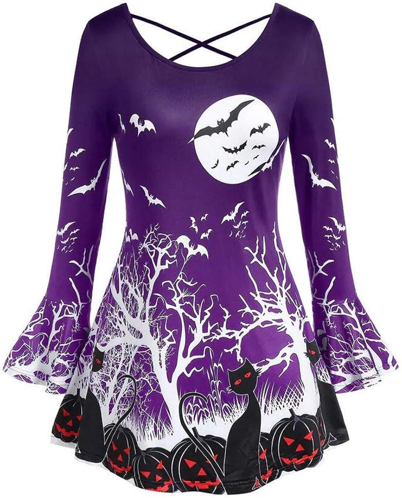 Tops for Women, Misaky Halloween Pumpkin Bat Print Round