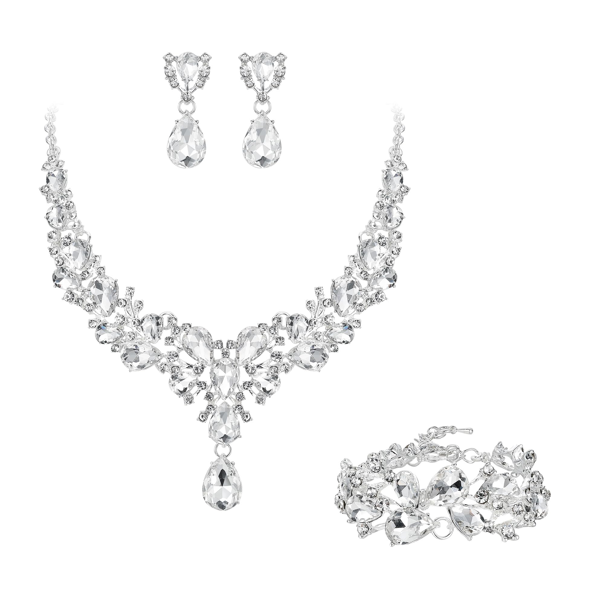 Ever Faith Austrian Crystal Bridal Bridesmaid Jewelry Sets, Elegant Water Drop Flower Cluster Statement Chunky Necklace Earrings Bracelet Set Clear Silver-Tone