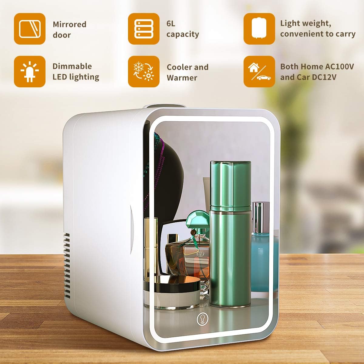 Mini Fridge 6 Liter AC/DC Portable Beauty Fridge Thermoelectric Cooler and Warmer for Skincare, Bedroom and Travel (Mirror & LED Design): Home & Kitchen