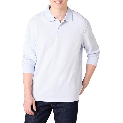 Amazon Essentials Mens Long Sleeve Polo Shirt with Collar, Regular-Fit Pique, Light Blue, Large