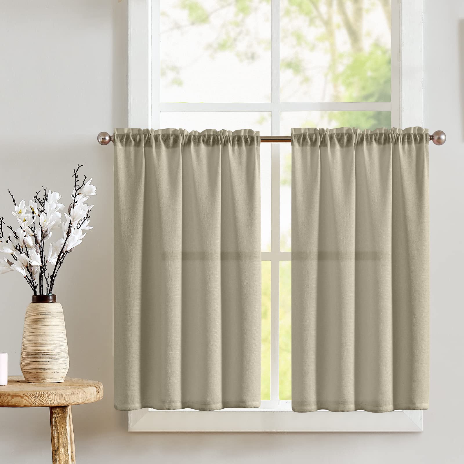 jinchan Kitchen Curtains 45 Inch Faux Linen Tier Farmhouse Taupe Cafe Curtains Country Half Window Rod Pocket Light Filtering for Rustic Bathroom Laundry Room RV Sink 2 Panels Tan