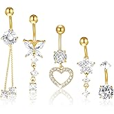 ElevateTech 5 Pcs Surgical Stainless Steel Dangle Belly Button Rings for Women Heart Flower Butterfly Belly Button Ring Dangling Piercing Jewelry, Gold