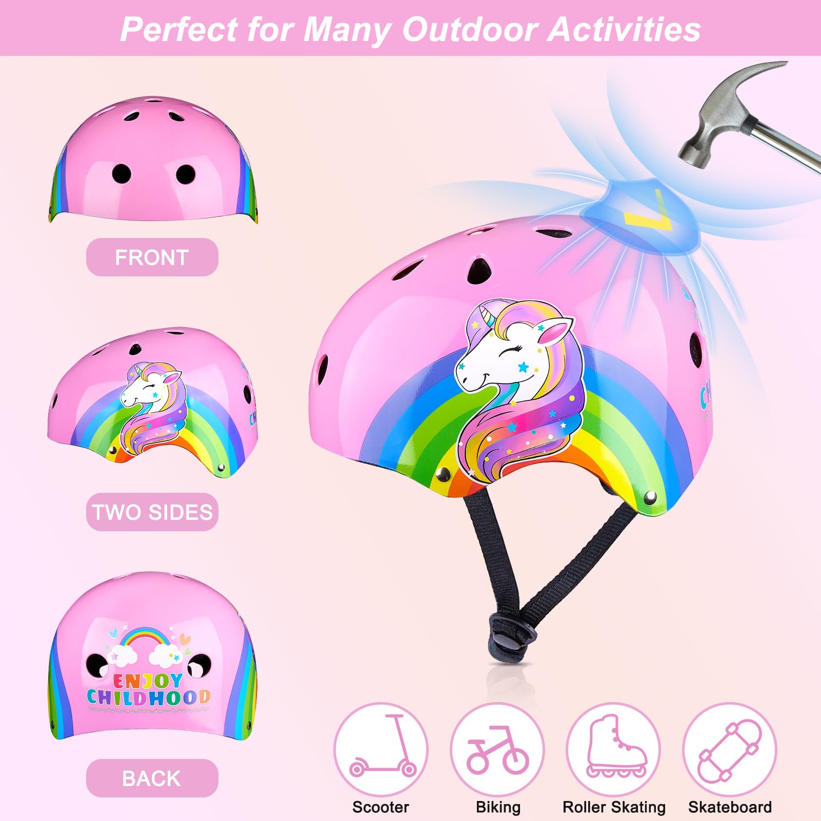 Kids Bike Helmet, Kids Helmets Ages 5-8 with DIY Stickers Kids Knee Pads and Elbow Pads Set Unicorn Toddler Helmets Adjustable Girls Helmet for Age 3-5-8 fit Skateboarding, Roller Skates, Scooter