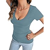 Rooscier Women's Deep V Neck Short Sleeve Slim Fit Basic Sexy Summer Tee T Shirt Blouse Top