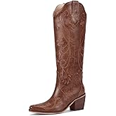 wetkiss Cowboy Boots for Women Knee High Cowgirl Boots, Western Boots with Floral Embroidered Pointed Toe Chunky Heel Pull On Retro Vintage Classic Tall Boots for Ladies