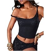 RoseSeek Women's Floral Lace Asymmetrical Neck Cami Top Sleeveless Slim Fitted Cropped Camisole