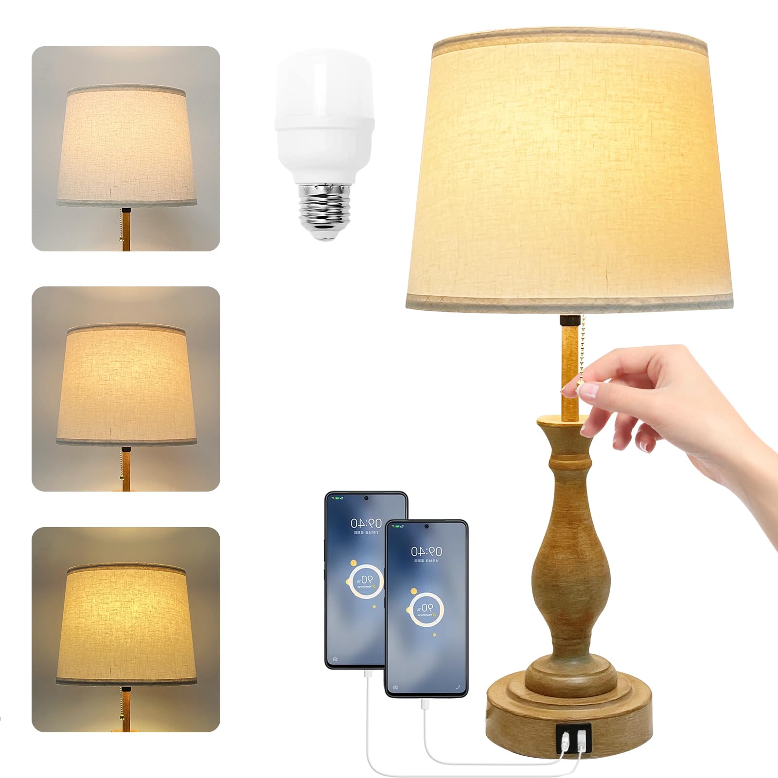Photo 1 of **DAMAGED** Farmhouse Table Lamp 3-Way Dimmable Table Lamp, Modern Nightstand Lamp with 2 USB Port Pull Chain Bedside Desk Lamp with Fabric Shade for Living Room Bedroom Hotel (Pack 1-Beige Shade & Pull Chain)