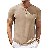 Aoysky Men Short Sleeve Henley T-Shirt Casual Solid Color Button-up Henley Shirt V Neck Tee Tops