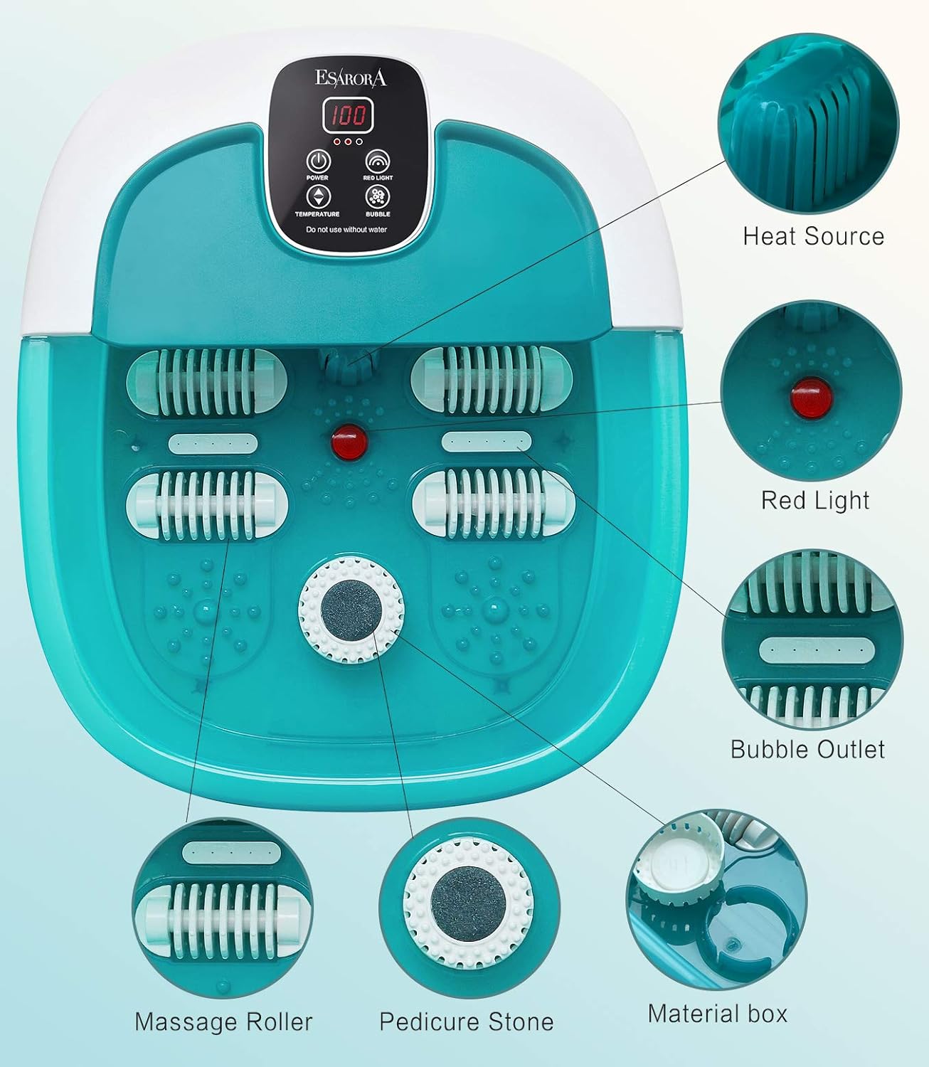 Foot Spa, ESARORA Foot Bath Massager with Heat, Bubbles, Pumice Stone, Medicine Box, Temperature Control, Red Light, Ergonomic Massage Rollers and Acupressure Massage Points, Soothe & Relax Tired Feet: Beauty