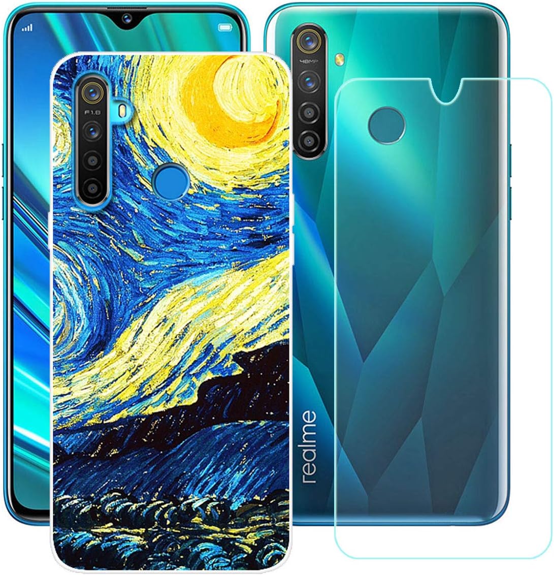 Case for Oppo Realme 5 Pro Cover + Screen Protector Tempered Glass Protective Film - YZKJ Flexible Soft Gel Crystal Transparent TPU Silicone Protection Case for Oppo Realme 5 Pro 6.3" - HY8