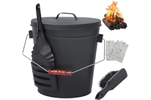 NATURAL EXPRESSIONS Fireplace Ash Bucket with Lid, 5.3 Gallon Coal Bucket with Shovel,Hand Broom and Gloves, Metal Buckets Pail Ash Can for Pellet Charcoal Wood Fire Pits