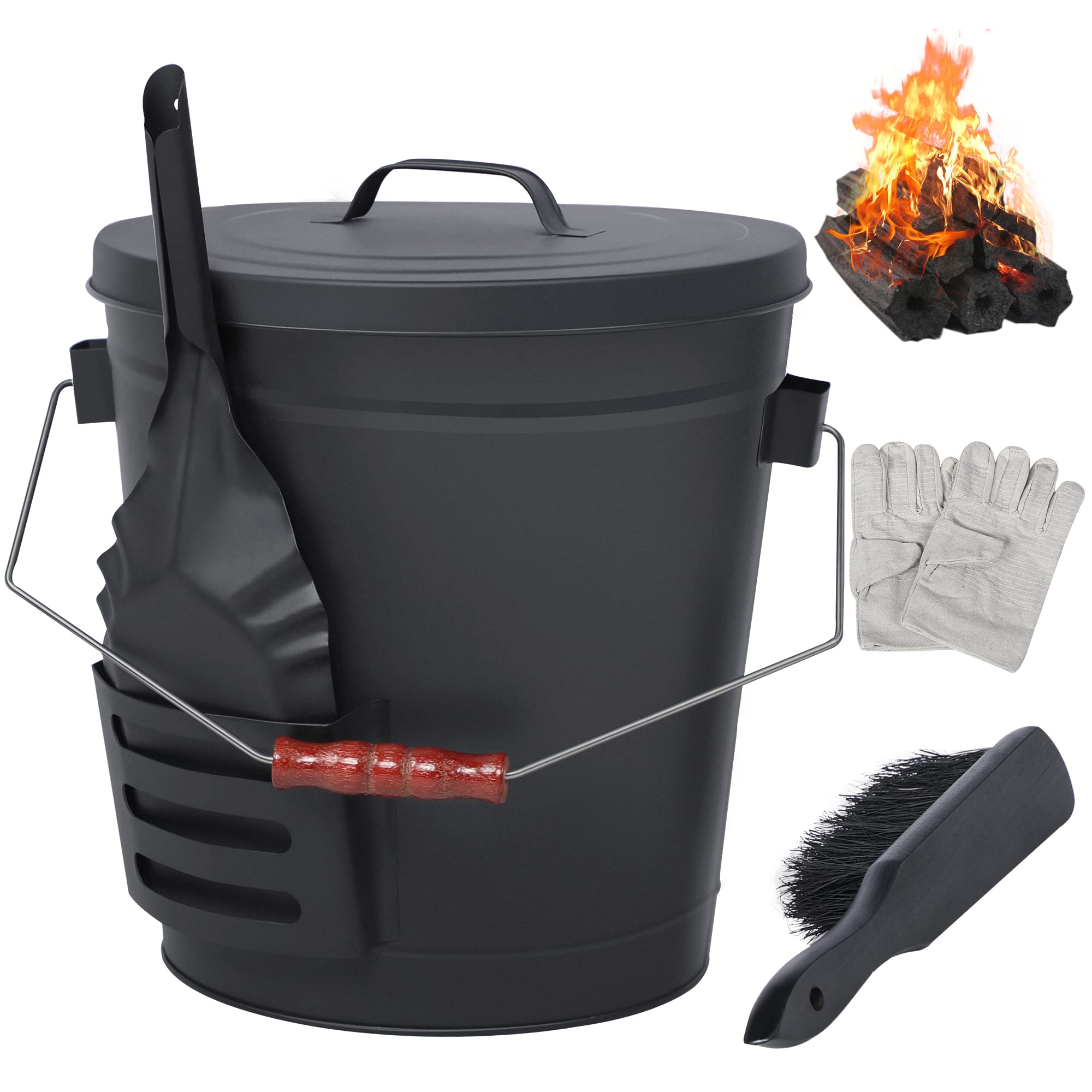 Photo 1 of ***MINOR DAMAGES/ (DENTS)*** NATURAL EXPRESSIONS Fireplace Ash Bucket with Lid, 5.3 Gallon Coal Bucket with Shovel,Hand Broom and Gloves, Metal Buckets Pail Ash Can for Pellet Charcoal Wood Fire Pits