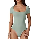 QINSEN Women's Square Neck Short Sleeve Double-Layer Bodysuit Fashion T-Shirt Tops