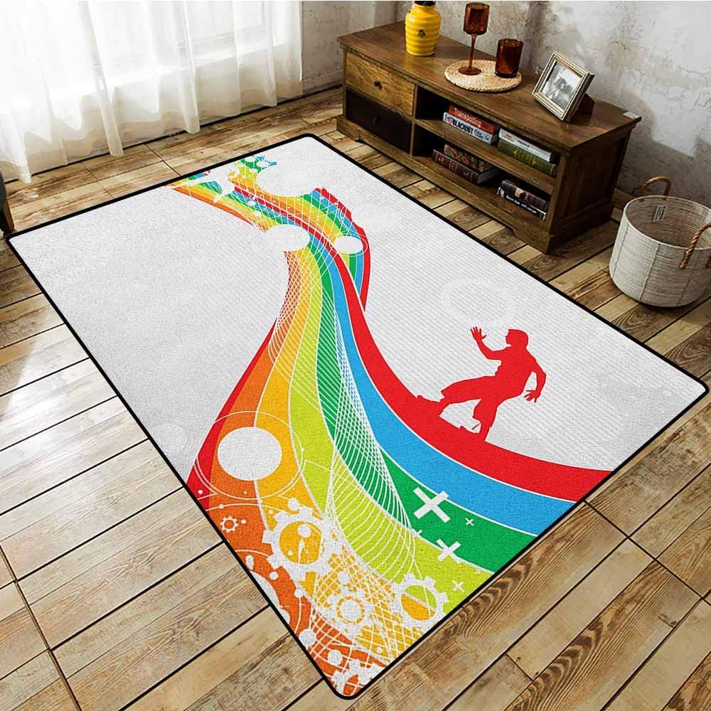 Collection Area Rug，Vintage Rainbow，Abstract Wave with Men Silhouettes Circles Stripes Dots Futuristic Style，Extra Large Rug Multicolor