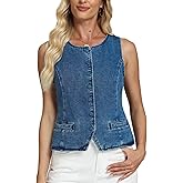 D-Sun Women Denim Vest Sleeveless Crew Neck Button Down Jean Vest Tank Tops Trendy Casual Jean Jacket Waistcoat