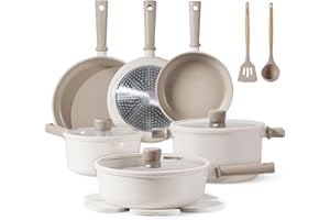 CAROTE 16pcs Pots and Pans Set Non Stick, Nonstick Kitchen Cookware Sets, Induction Cookware Sets with Stay-Cool Handle, Beige and Taupe