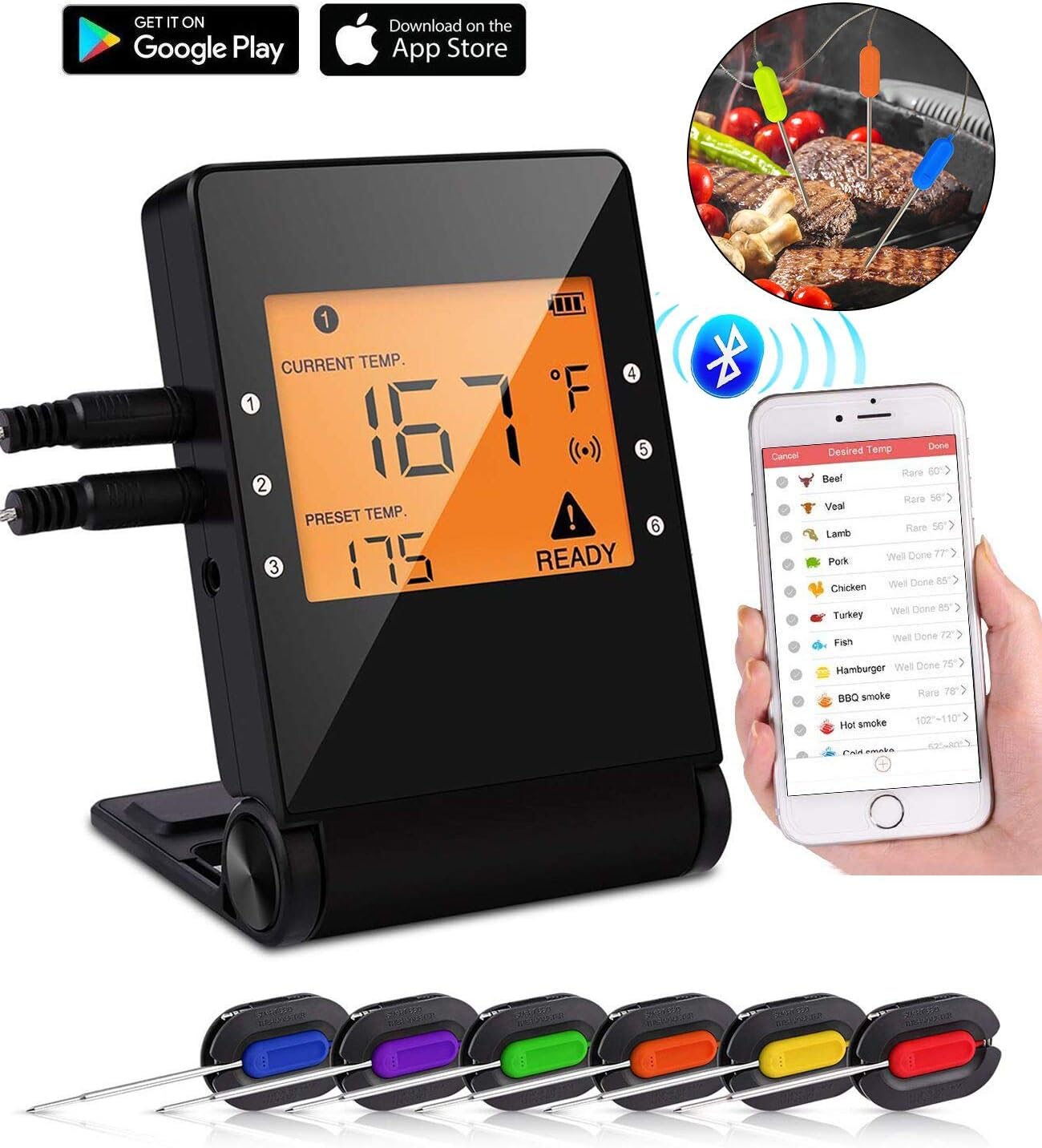 Tooklanet Digital Cooking Thermometer, Wireless Meat Thermometer with Probe and Large LCD Display, Bluetooth BBQ Thermometer with App Control Alarm Monitor for Grill Smoker, Kitchen Oven.6 Pack