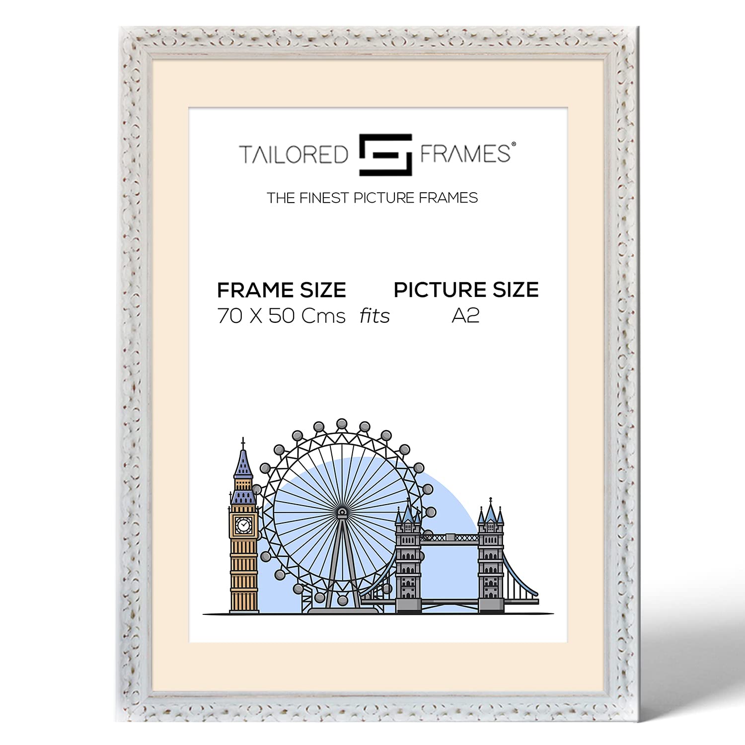 Tailored Frames Vienna White 70 X 50 Cm Frame for A2 Picture | Rustic Style Vintage Single Picture Frame | Wall Hanging Type | Photo Frame with White Mount