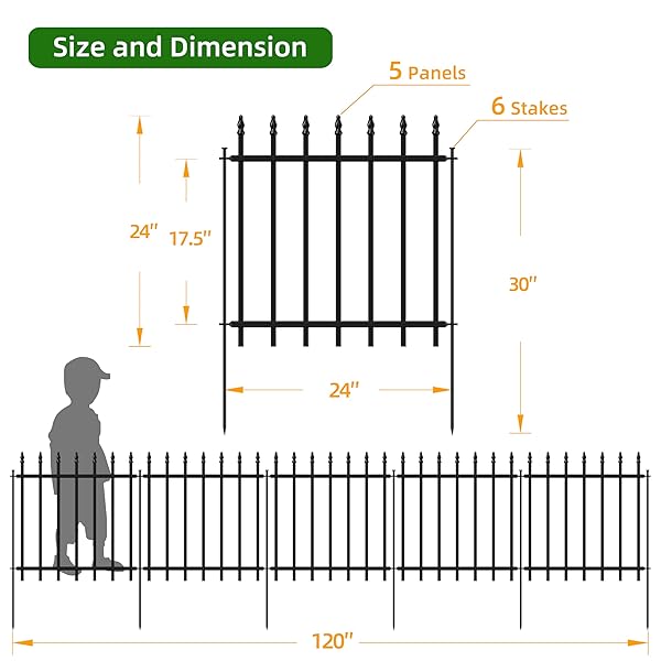 FOREHOGAR DECORATIVE METAL GARDEN FENCE 24 IN H X 10 FT L, BORDER FENCE PANELS ANIMAL BARRIER FOR DOGS, NO DIG GARDEN FENCING FOR YARD PATIO FLOWER BED LAWN OUTDOOR 5 PANELS + 6 STAKES BLACK