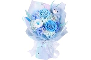 Preserved Flowers Bouquet with Bear, Real Forever Flowers for Delivery, Long-Lasting Blue Eteranl Roses Bouquet, Anniversary 