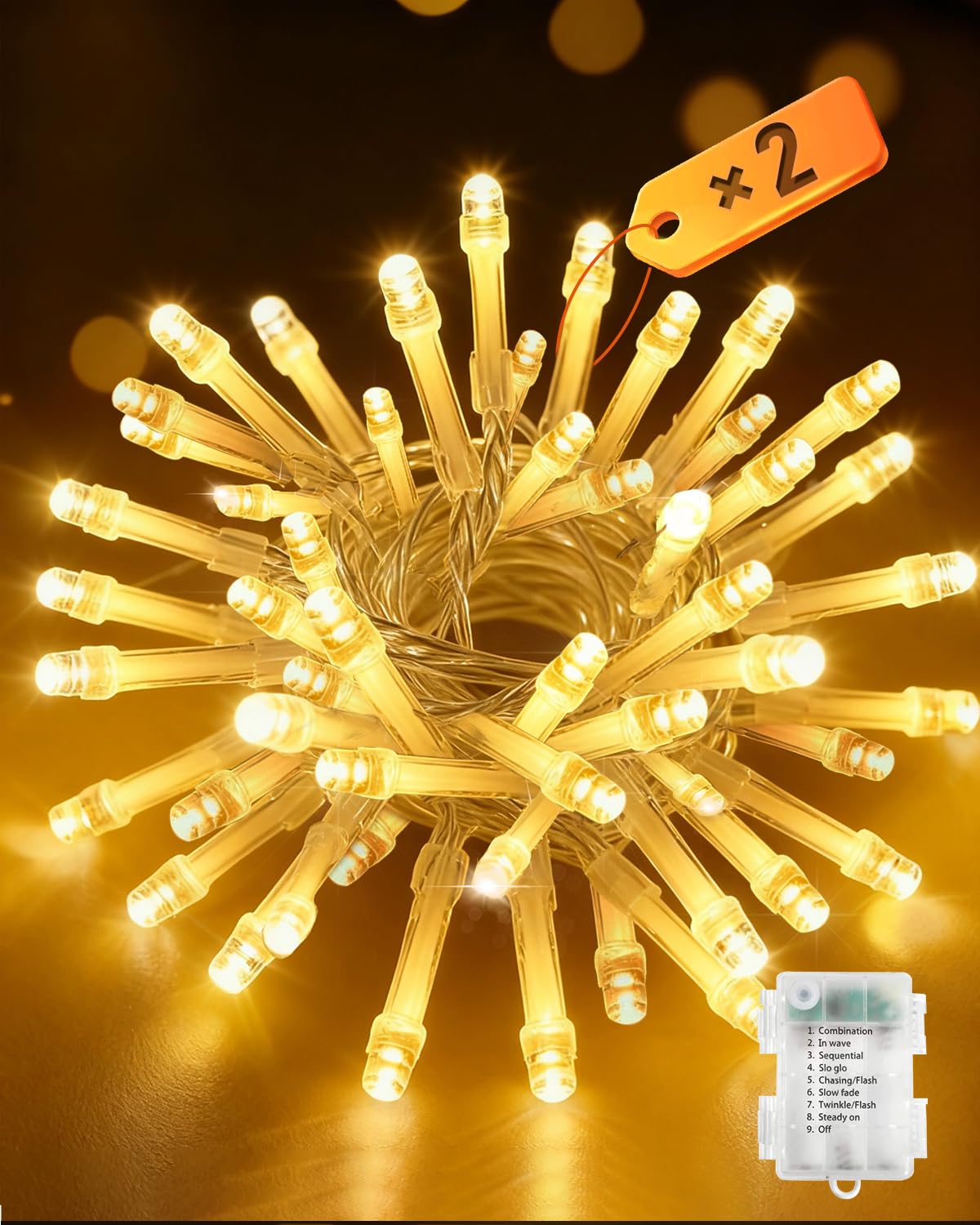 Opard Battery Fairy Lights 2 Pack 50 LEDs 5m, Christmas Lights, 8 Lighting Modes, Timer Function, IP65 Waterproof, Warm White String Lights for Christmas, Outdoor, Indoor